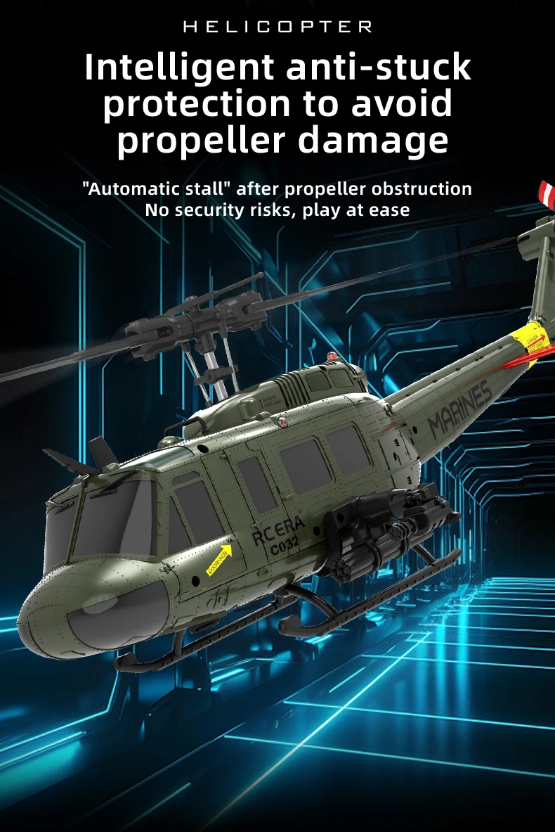 C032 Uh-1 Rc Helicopter 1:48 Simulation 2.4G Remote Control Drone 6axis Gyro Optical Flow Localization Helicopter Toy Gift