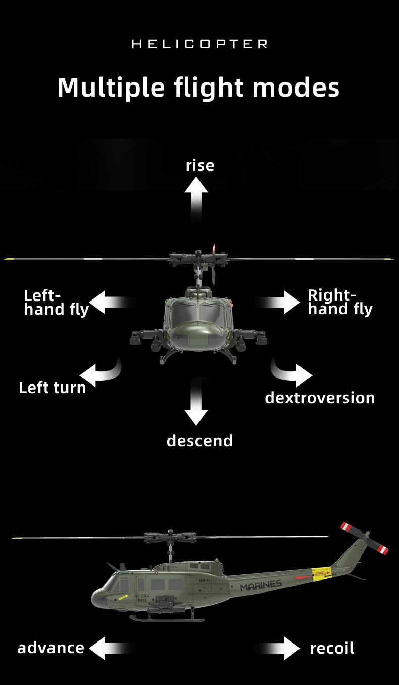 C032 Uh-1 Rc Helicopter 1:48 Simulation 2.4G Remote Control Drone 6axis Gyro Optical Flow Localization Helicopter Toy Gift