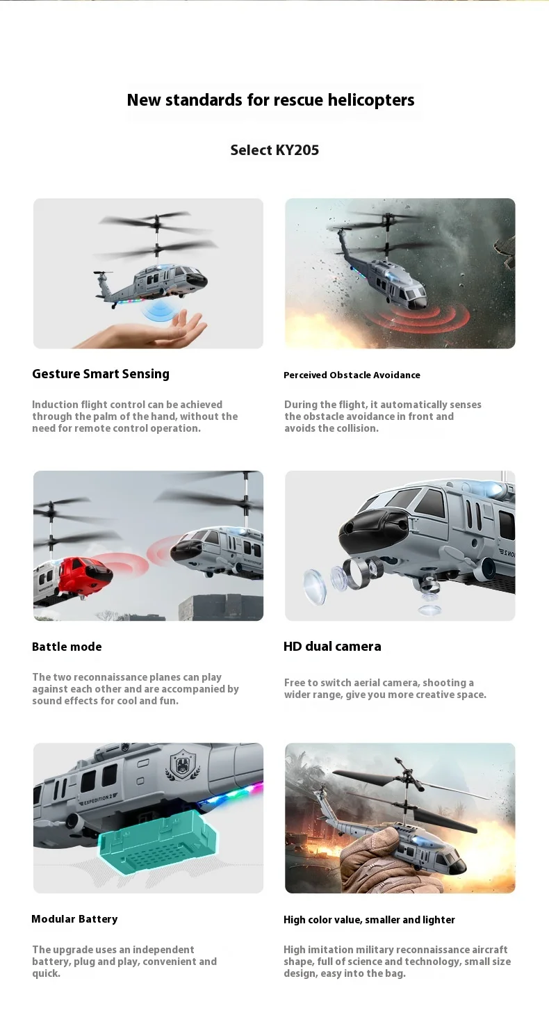 Ky205 Black Hawk Rescue Helicopter Obstacle Avoidance Height Control, Aerial Photography Remote Control Four Axis Aircraft Toy