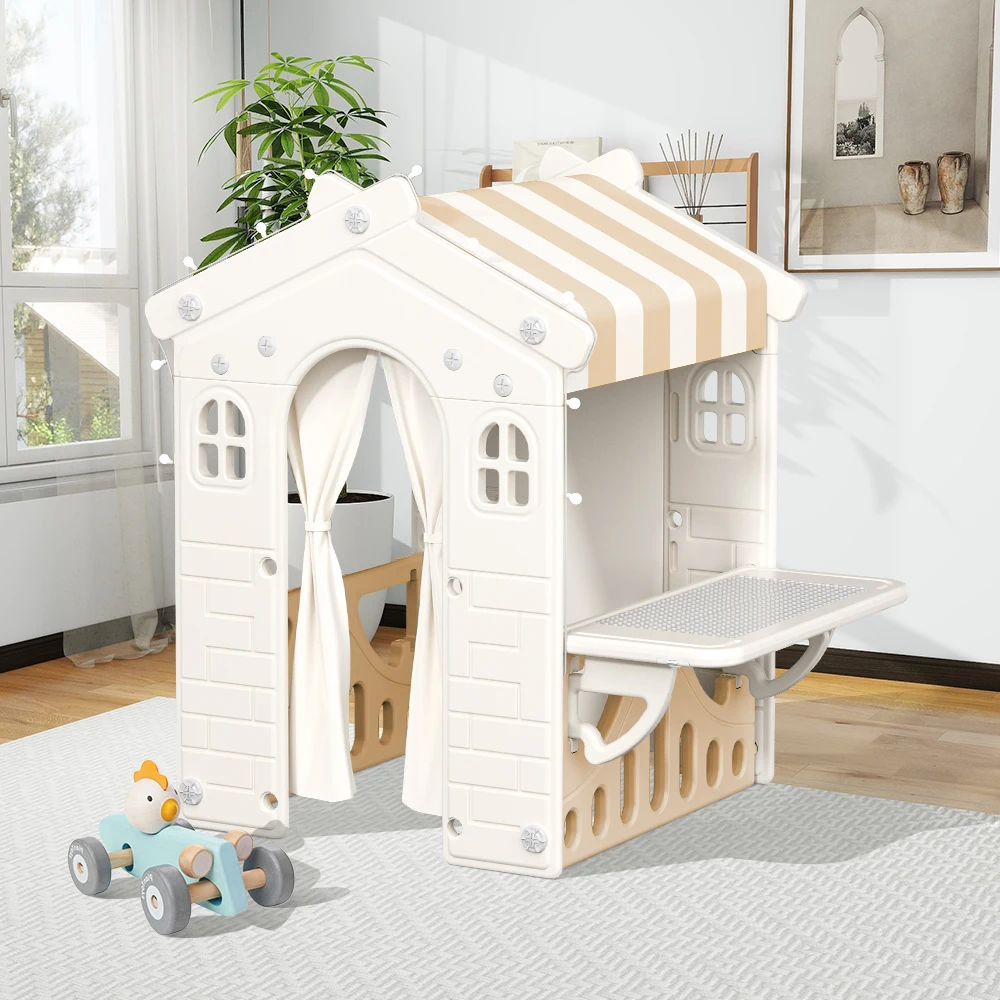 Kidkid Kids Plastic Playhouse for Indoor Outdoor, Portable Game Cottage with Curtain, Gift Playhouse for Kids