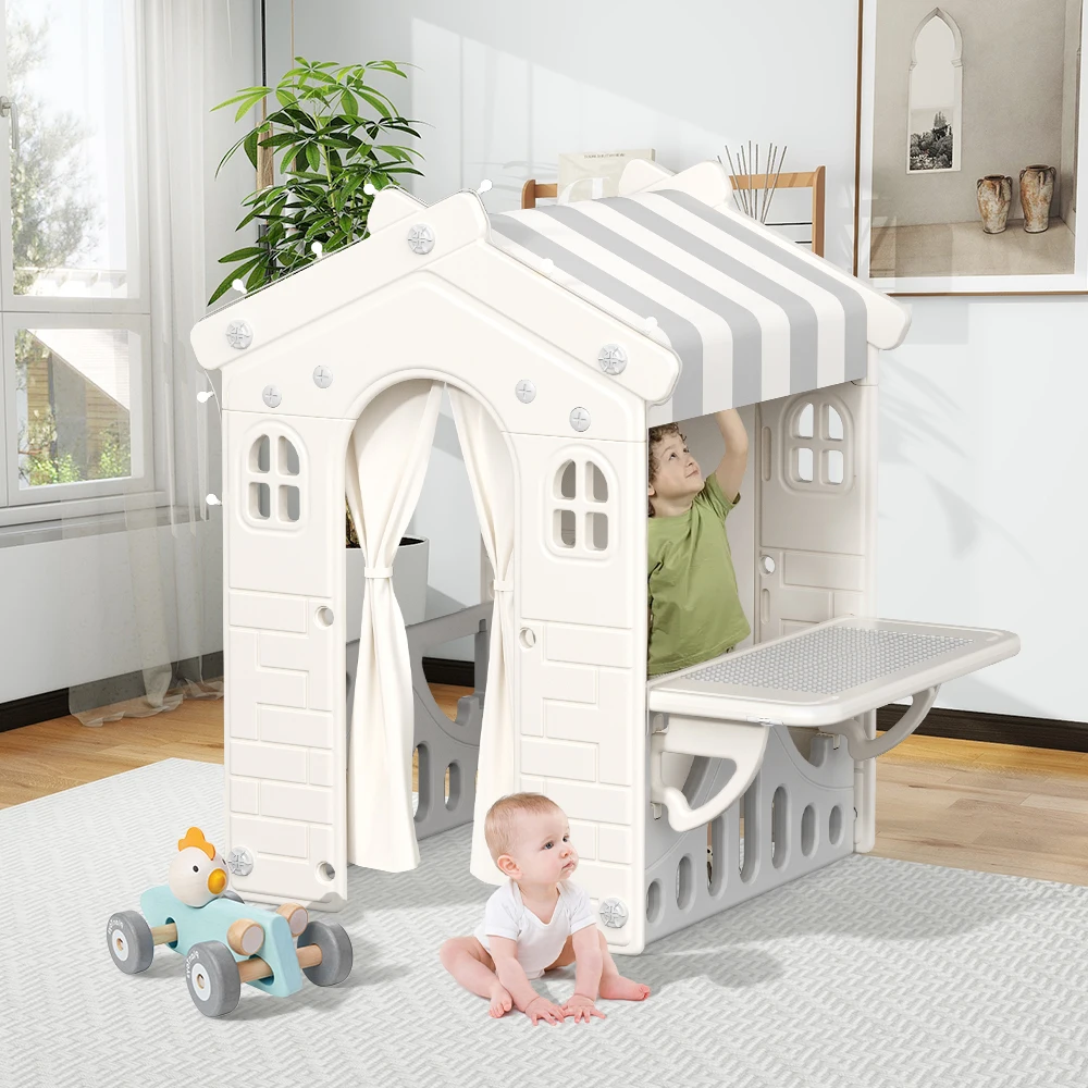 Kidkid Kids Plastic Playhouse for Indoor Outdoor, Portable Game Cottage with Curtain, Gift Playhouse for Kids