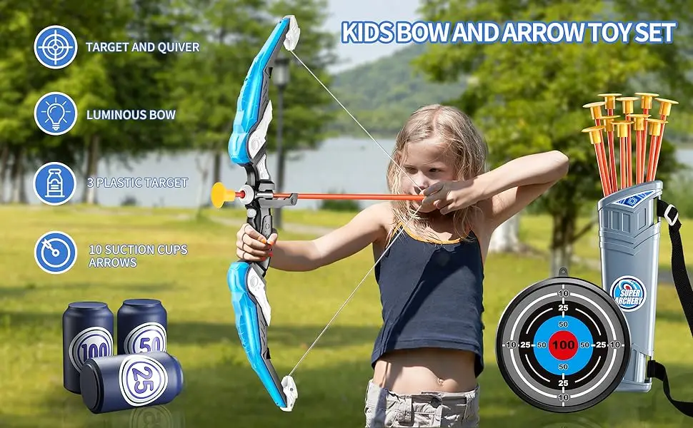 Kids Bow and Arrow Set, LED Light Up Archery Toys Set for Kids Ages 4-8 8-12, with 10 Suction Cup Arrows, Target & Quiver, Boys