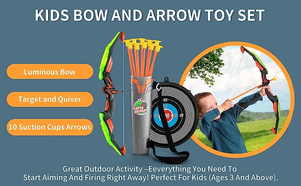 Kids Bow and Arrow Set, LED Light Up Archery Toys Set for Kids Ages 4-8 8-12, with 10 Suction Cup Arrows, Target & Quiver, Boys