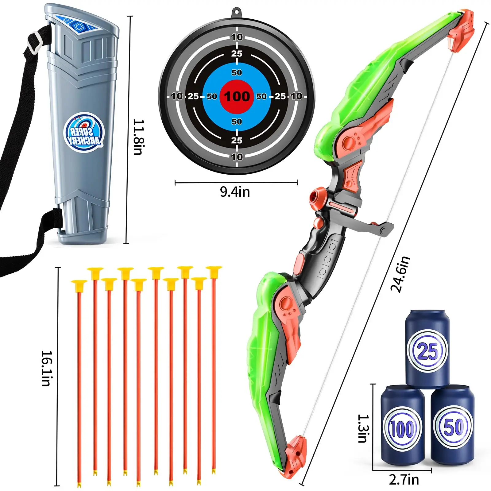 Kids Bow and Arrow Set, LED Light Up Archery Toys Set for Kids Ages 4-8 8-12, with 10 Suction Cup Arrows, Target & Quiver, Boys