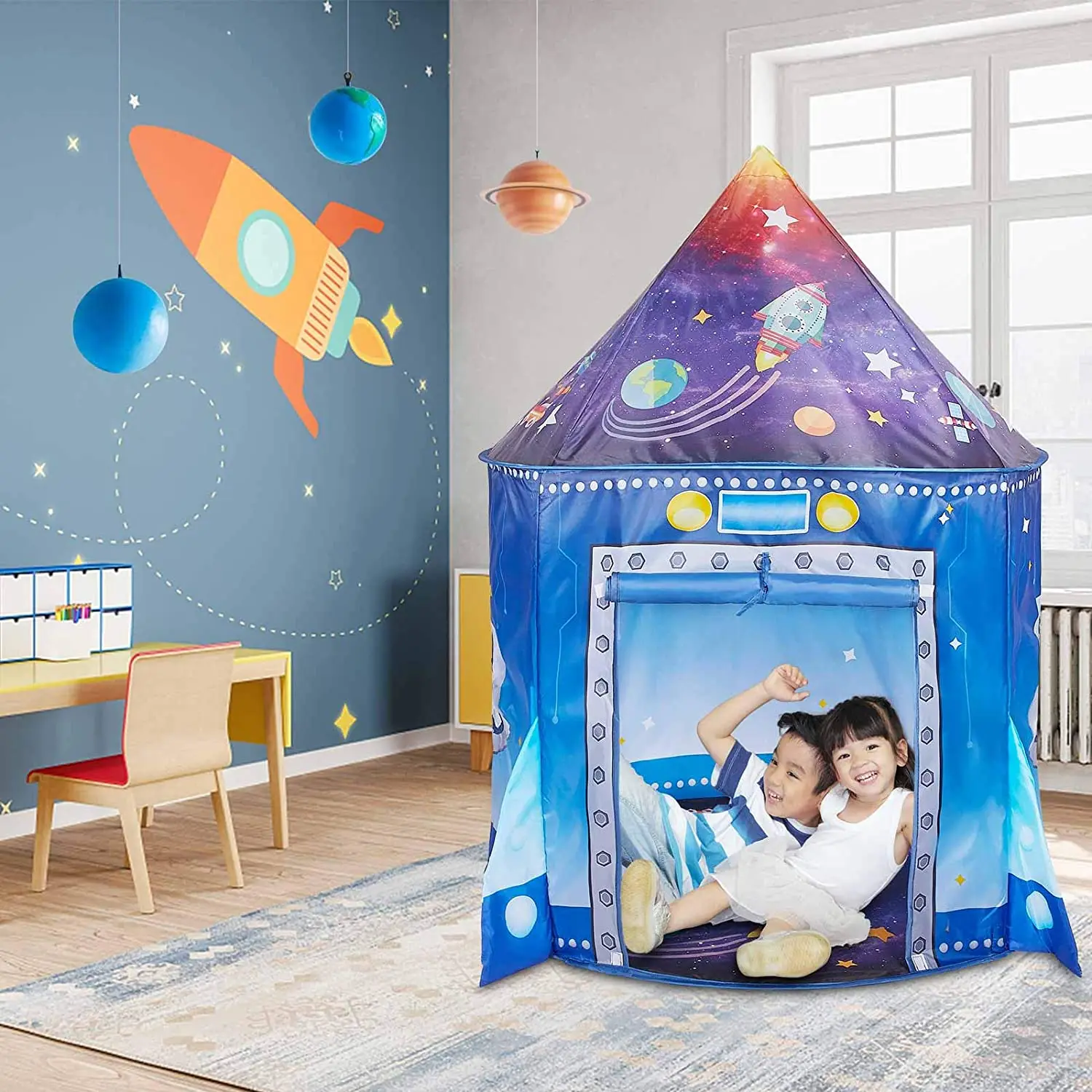 Rocket Ship Kids Tent Pop Up Play Toy Tent for Children  Large Space Indoor Pretend Playhouse  Outdoor Play Tent for Boys & Girl