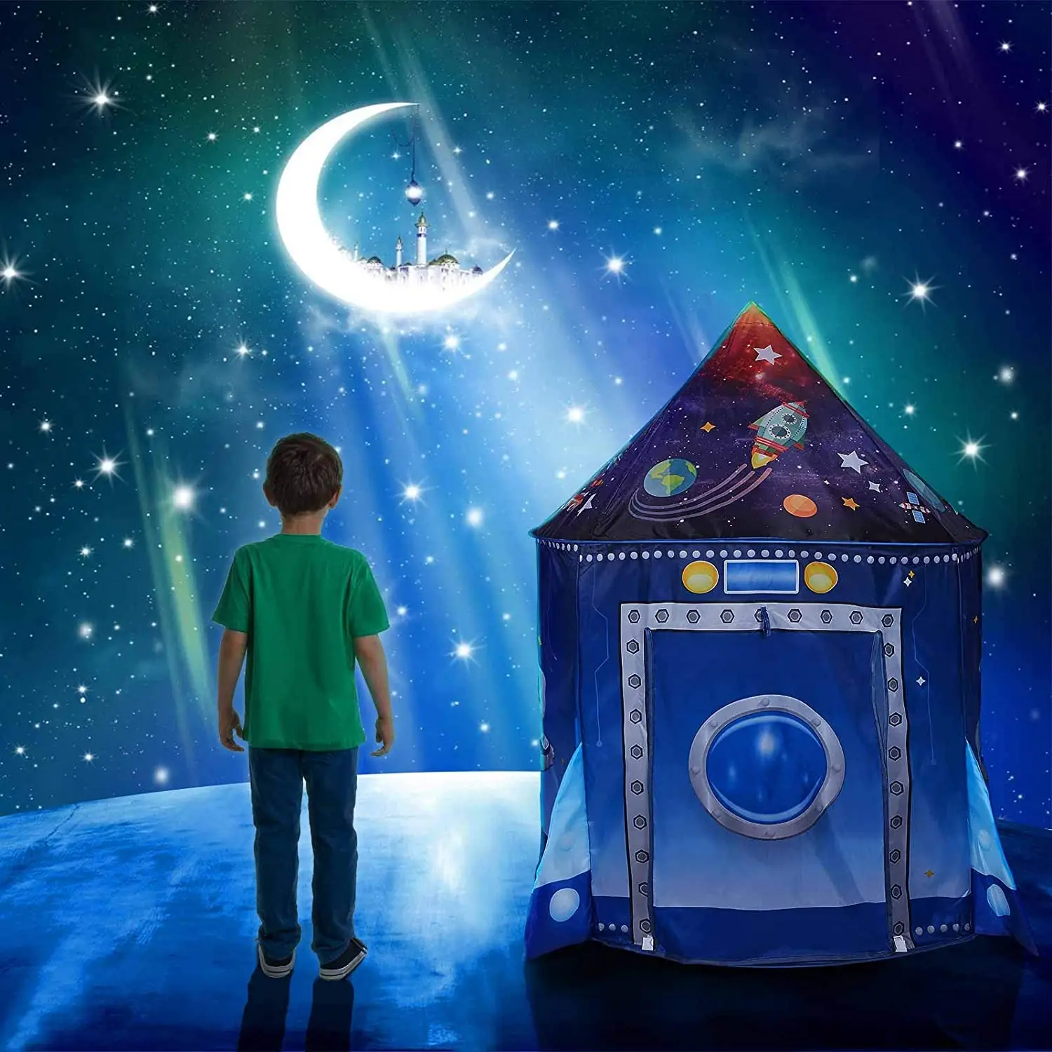 Rocket Ship Kids Tent Pop Up Play Toy Tent for Children  Large Space Indoor Pretend Playhouse  Outdoor Play Tent for Boys & Girl