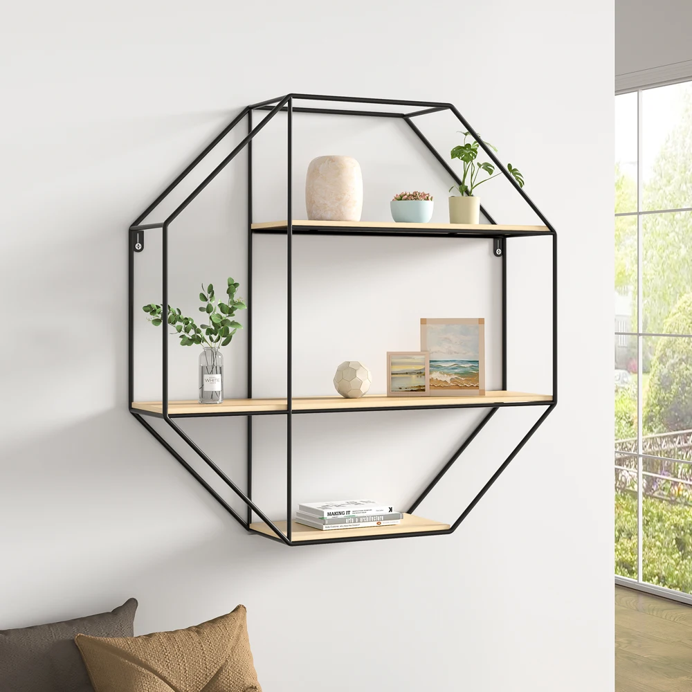 Haodirect Octagonal Metal Frame Wall Shelf Living Room Bedroom Floating Wall Display Stand Plant Stand Home Decoration