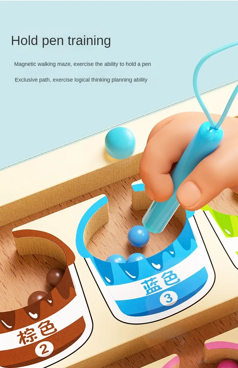 Montessori Magnetic Color Sorting Games Maze Board Pen Moving Bead Games Wooden Control Sensory Play Educational Toys for Kids