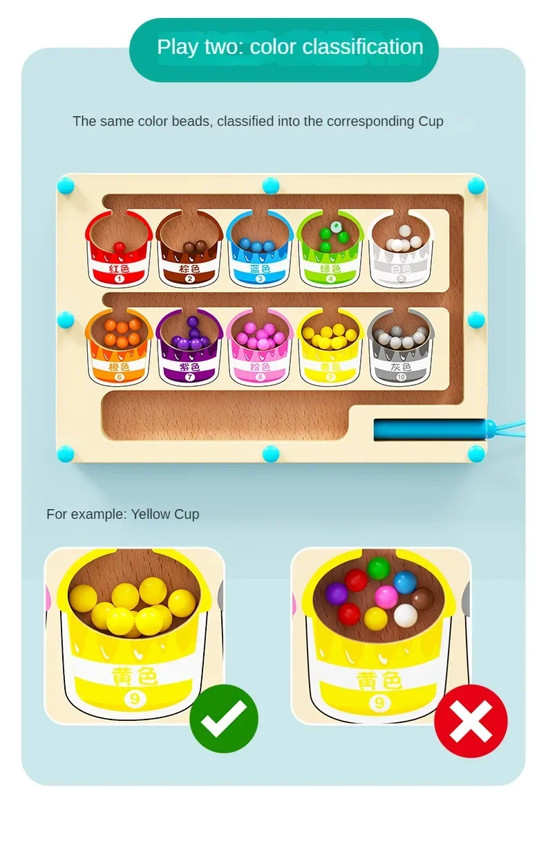 Montessori Magnetic Color Sorting Games Maze Board Pen Moving Bead Games Wooden Control Sensory Play Educational Toys for Kids