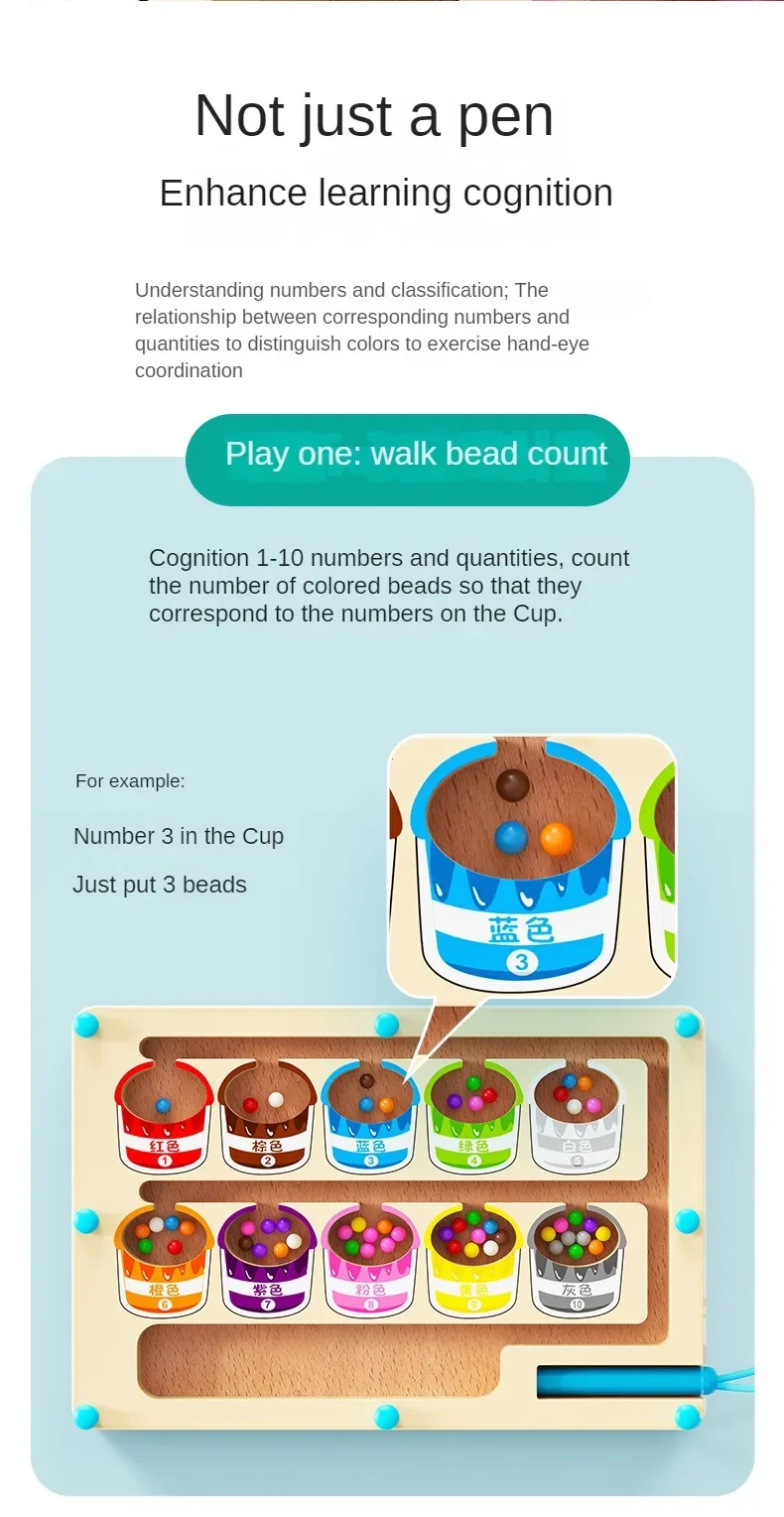 Montessori Magnetic Color Sorting Games Maze Board Pen Moving Bead Games Wooden Control Sensory Play Educational Toys for Kids