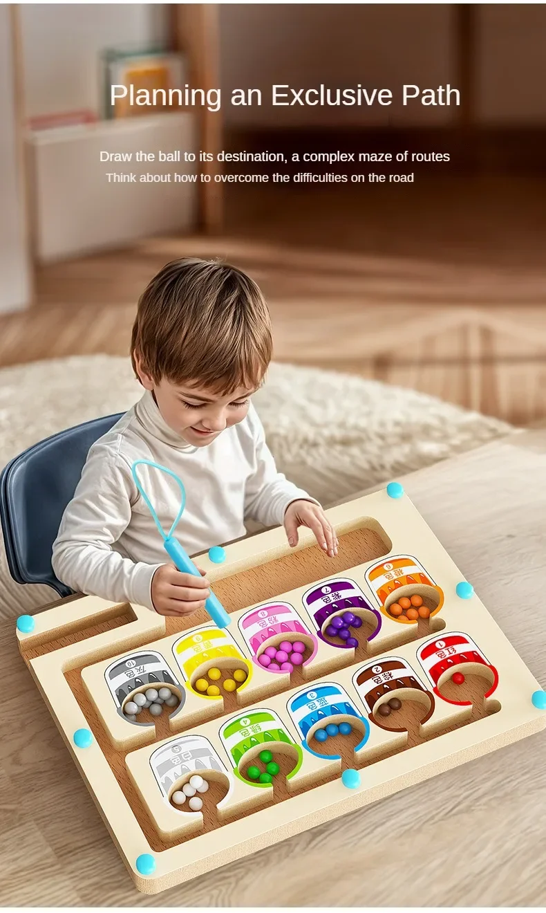 Montessori Magnetic Color Sorting Games Maze Board Pen Moving Bead Games Wooden Control Sensory Play Educational Toys for Kids