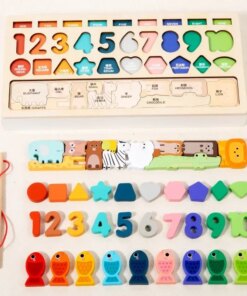 Kids Montessori Math Toys for Toddlers Educational Wooden Puzzle Fishing Toys Count Number Shape Matching Sorter Games Board Toy