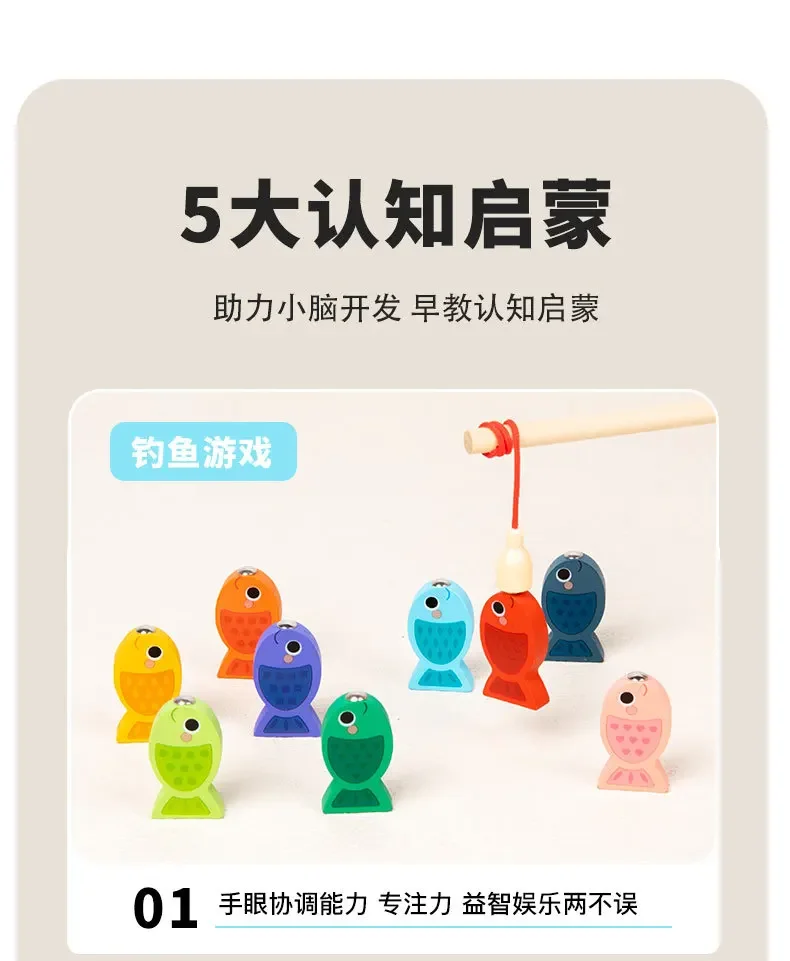 Kids Montessori Math Toys for Toddlers Educational Wooden Puzzle Fishing Toys Count Number Shape Matching Sorter Games Board Toy