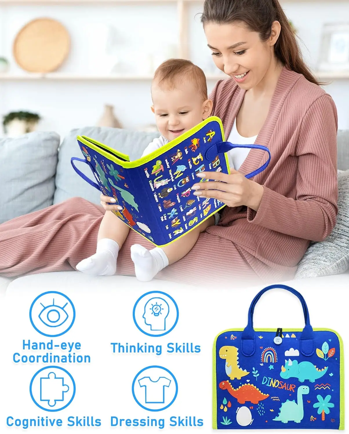 Toddler Busy Board Montessori Toys Learning Educational Activities Travel Toy Dinosaur Dress up  Sensory Life Skill Backpack
