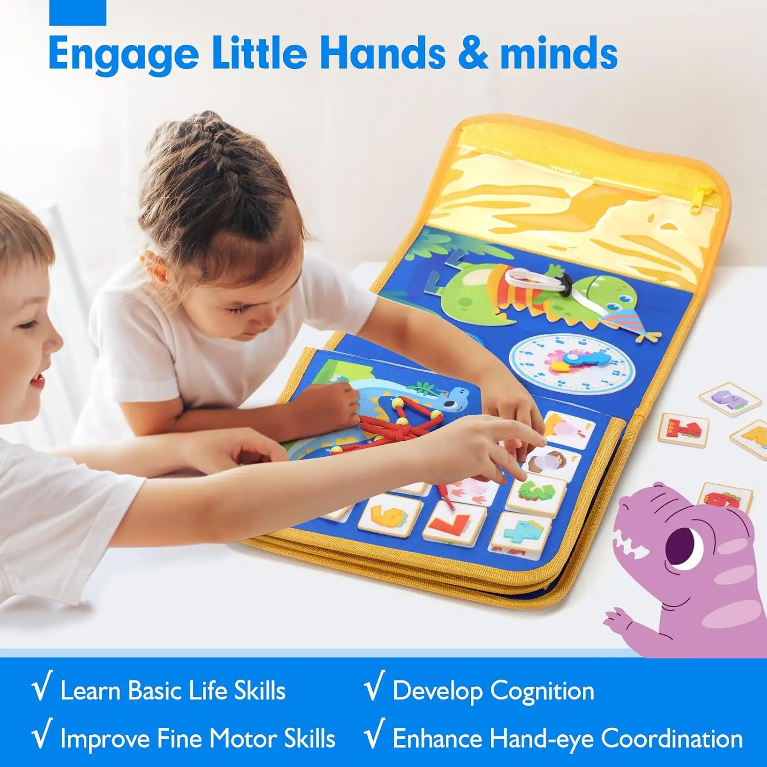 Toddler Busy Board Montessori Toys Learning Educational Activities Travel Toy Dinosaur Dress up  Sensory Life Skill Backpack