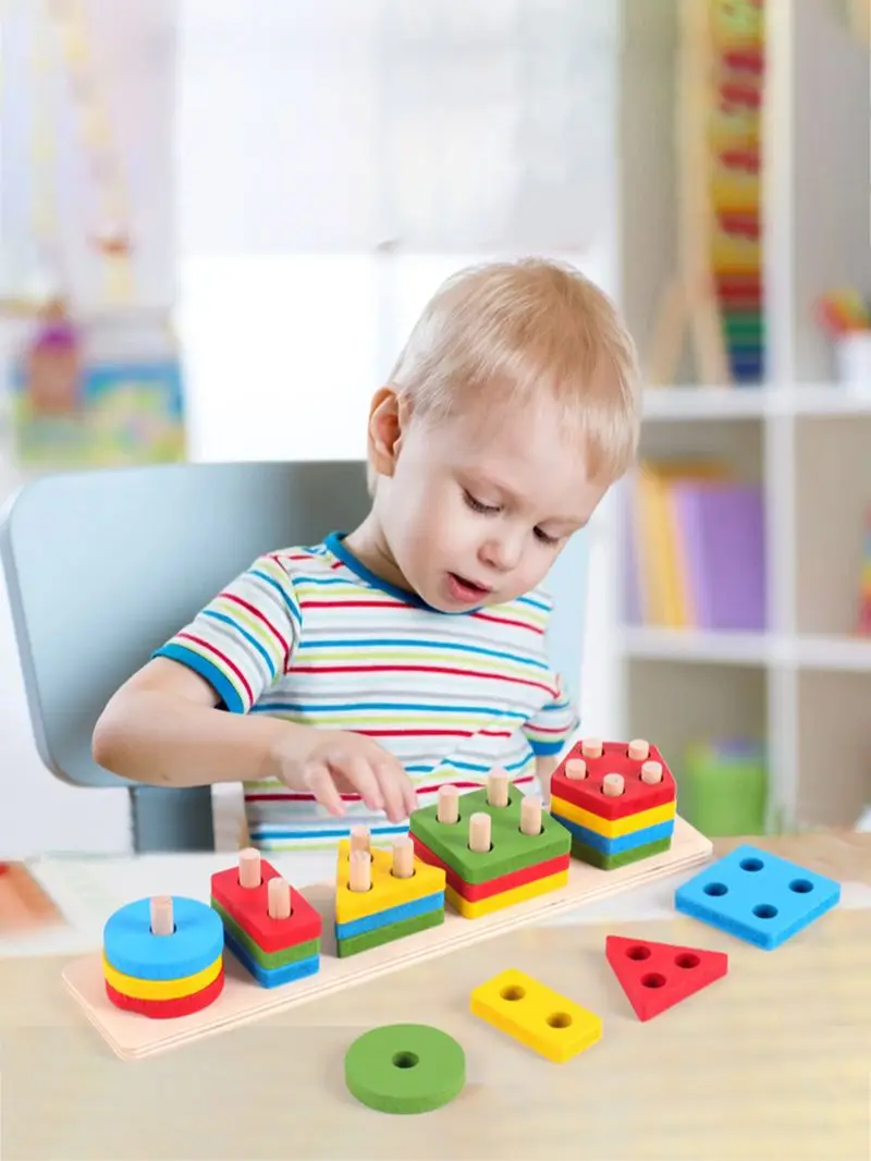 Montessori Wooden Educational Toys for Children 1 2Y Baby Shape Color Sorter Block Puzzles Toddler Large Geometric Stacking Toys