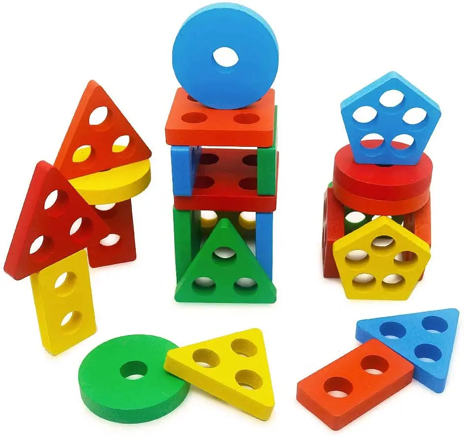 Montessori Wooden Educational Toys for Children 1 2Y Baby Shape Color Sorter Block Puzzles Toddler Large Geometric Stacking Toys