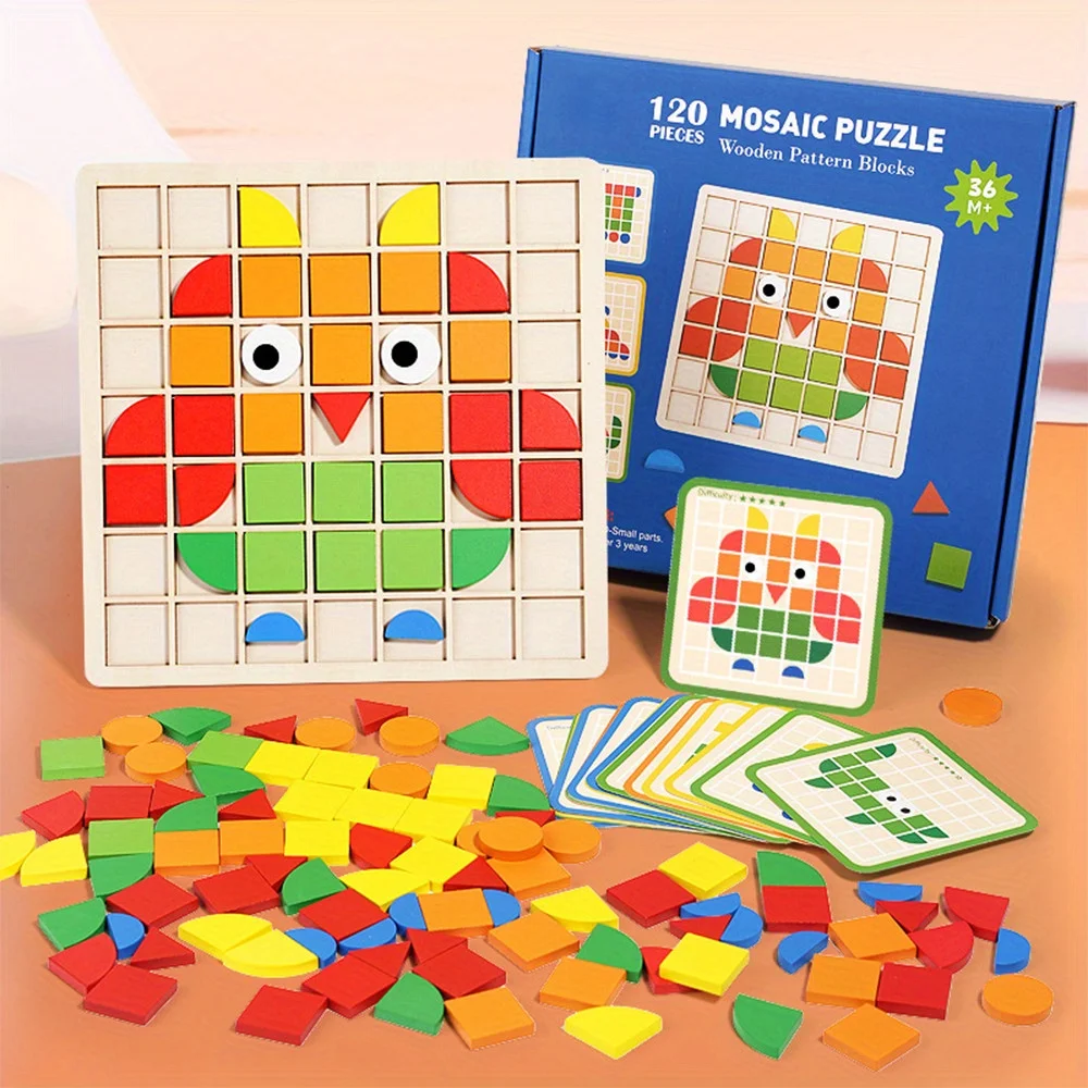 120Pcs Wooden Mosaic Puzzle Toy Montessori Kids Wooden 3D Geometric Shape Jigsaw Puzzle Board Set Baby Early Education Toys for