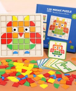 120Pcs Wooden Mosaic Puzzle Toy Montessori Kids Wooden 3D Geometric Shape Jigsaw Puzzle Board Set Baby Early Education Toys for
