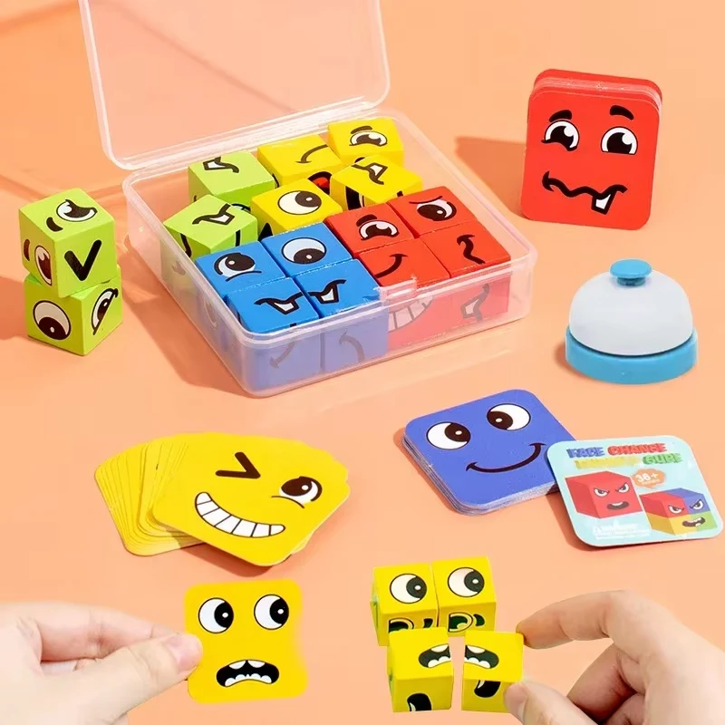 Kids Face Change Expression Puzzle Building Blocks Montessori Cube Table Game Toy Early Educational Toys for Children Gifts