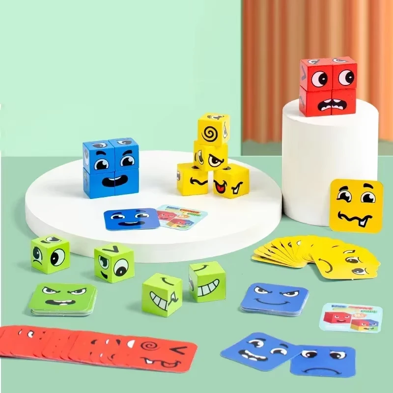 Kids Face Change Expression Puzzle Building Blocks Montessori Cube Table Game Toy Early Educational Toys for Children Gifts