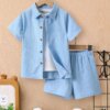 Summer Boys' Sets Blue Wave Shirt Shorts Casual Two-Piece Simple Kids Clothing