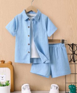 Summer Boys' Sets Blue Wave Shirt Shorts Casual Two-Piece Simple Kids Clothing