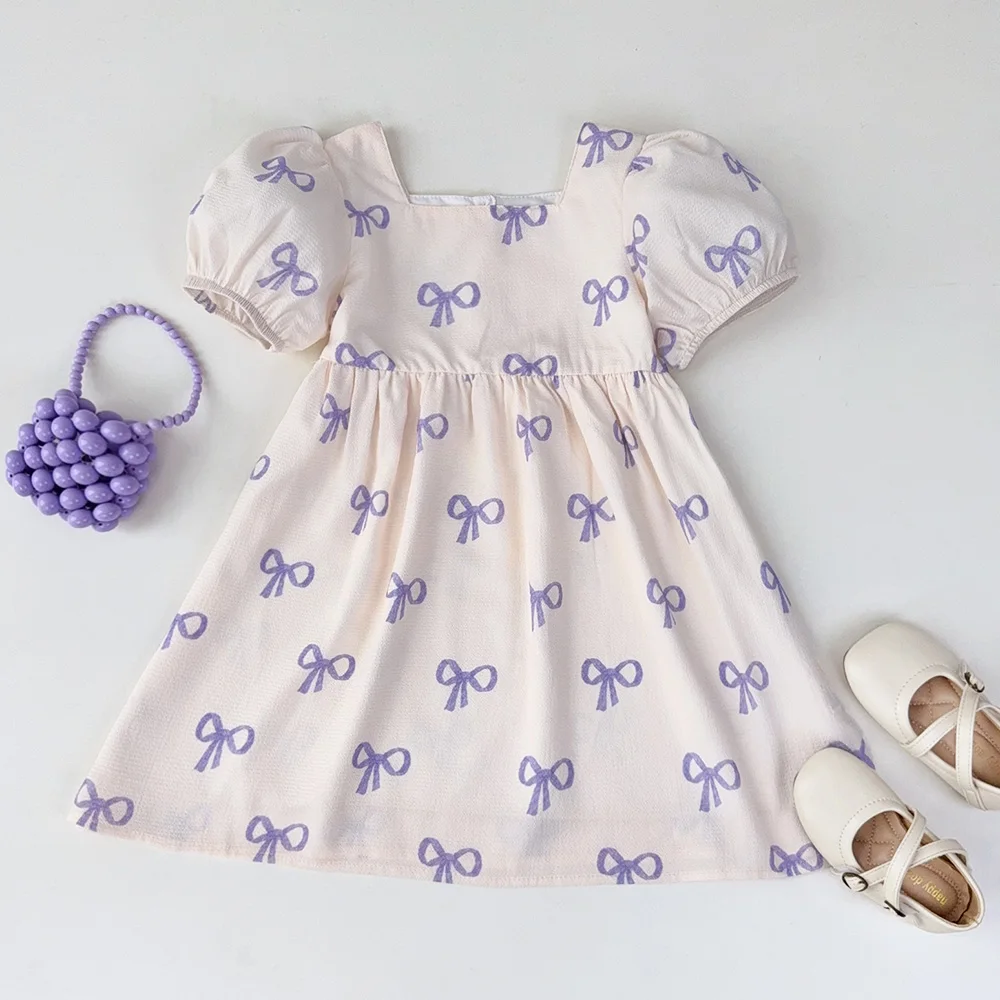Bear Leader Short Sleeved Girls Clothing Summer New Bow Print Casual Dresses Sweet and Cute Kids Clothes for 3-7 Years Wear