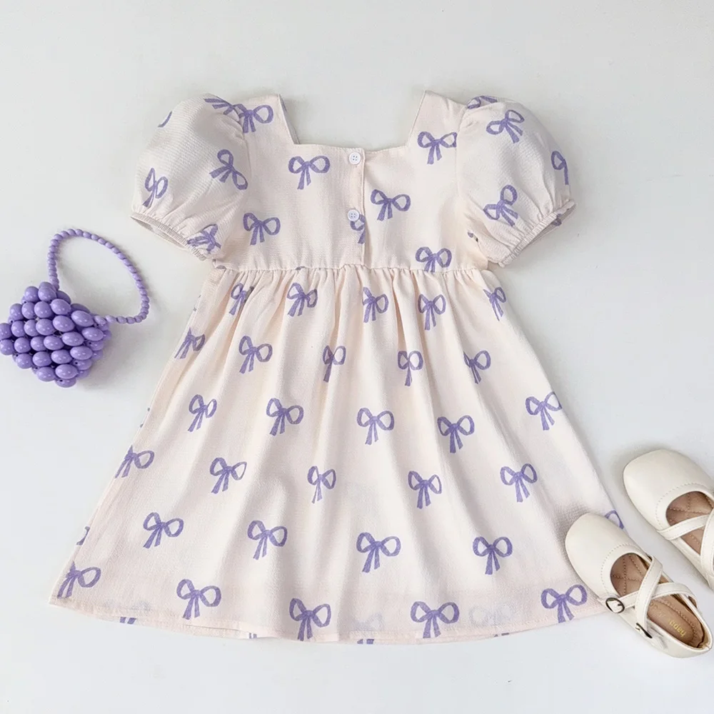 Bear Leader Short Sleeved Girls Clothing Summer New Bow Print Casual Dresses Sweet and Cute Kids Clothes for 3-7 Years Wear