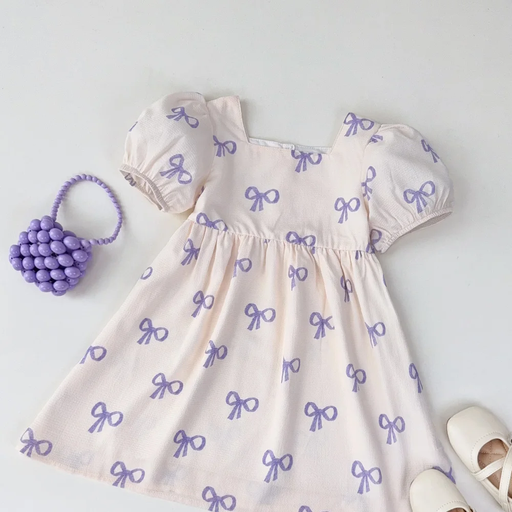 Bear Leader Short Sleeved Girls Clothing Summer New Bow Print Casual Dresses Sweet and Cute Kids Clothes for 3-7 Years Wear