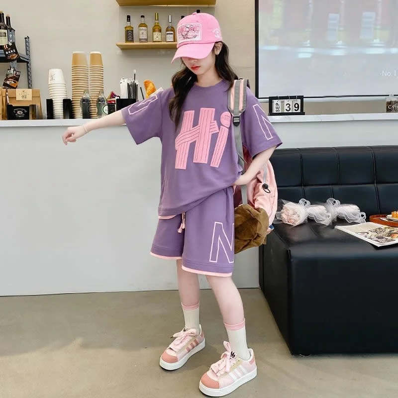 Girls T-Shirts Sets Summer New Kids Short Sleeve Tops+Shorts 2Pcs Children Clothes Teen Loose Casual Suits Letter Print Outfits