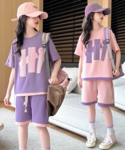 Girls T-Shirts Sets Summer New Kids Short Sleeve Tops+Shorts 2Pcs Children Clothes Teen Loose Casual Suits Letter Print Outfits