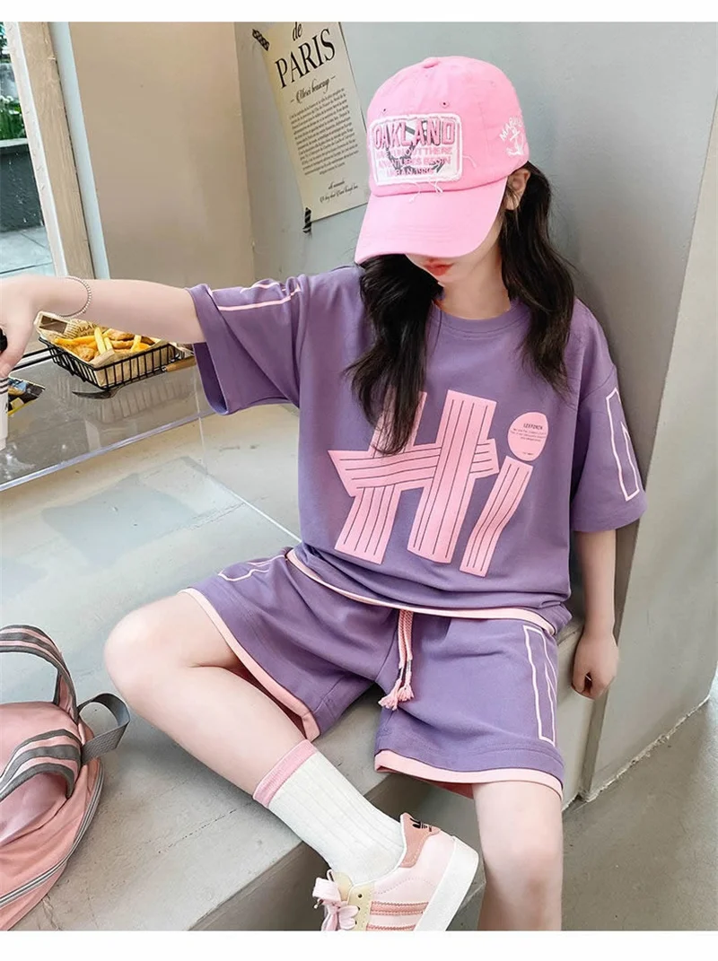 Girls T-Shirts Sets Summer New Kids Short Sleeve Tops+Shorts 2Pcs Children Clothes Teen Loose Casual Suits Letter Print Outfits