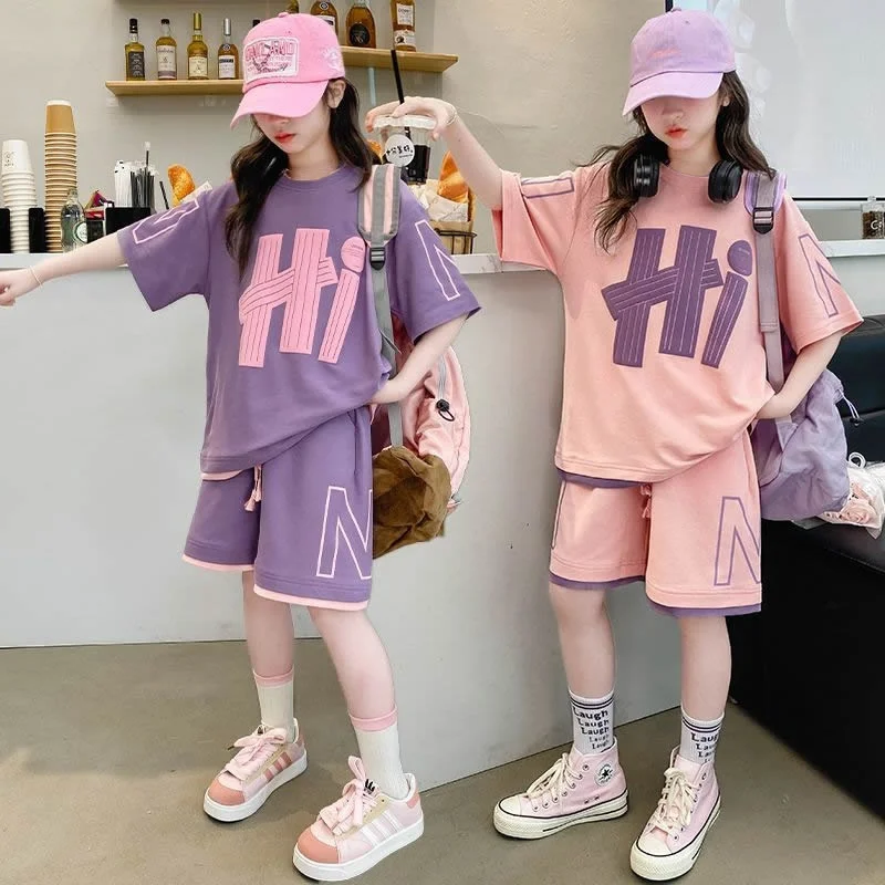 Girls T-Shirts Sets Summer New Kids Short Sleeve Tops+Shorts 2Pcs Children Clothes Teen Loose Casual Suits Letter Print Outfits