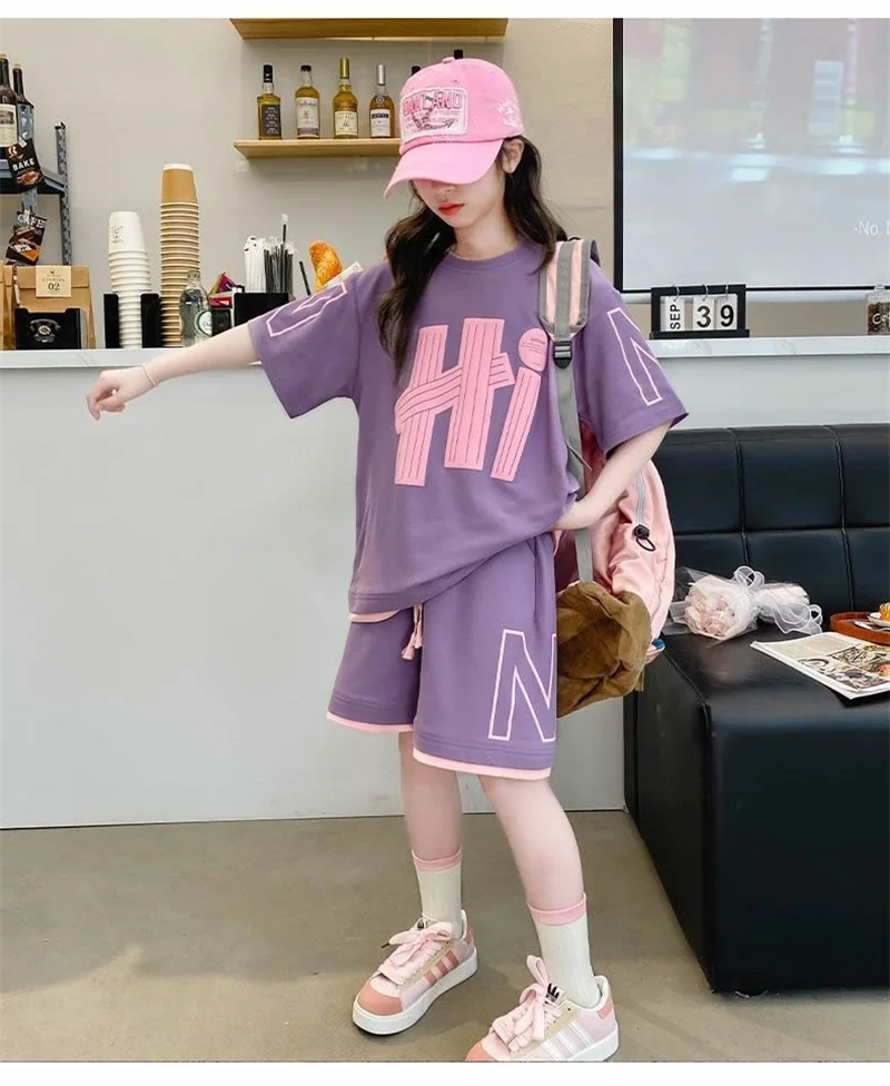 Girls T-Shirts Sets Summer New Kids Short Sleeve Tops+Shorts 2Pcs Children Clothes Teen Loose Casual Suits Letter Print Outfits