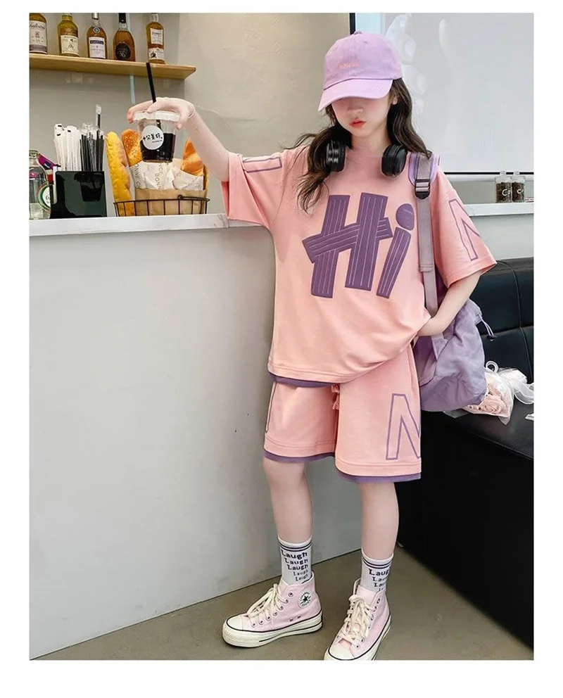 Girls T-Shirts Sets Summer New Kids Short Sleeve Tops+Shorts 2Pcs Children Clothes Teen Loose Casual Suits Letter Print Outfits