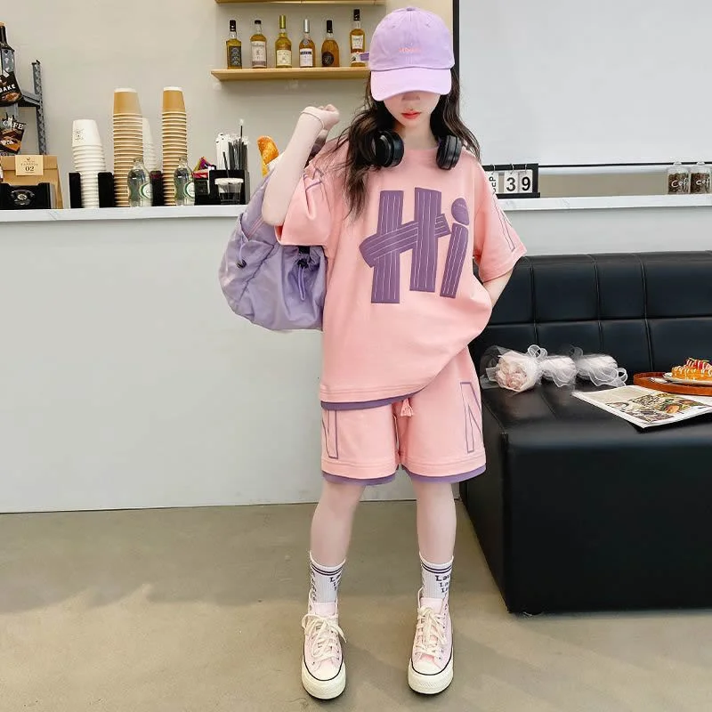 Girls T-Shirts Sets Summer New Kids Short Sleeve Tops+Shorts 2Pcs Children Clothes Teen Loose Casual Suits Letter Print Outfits