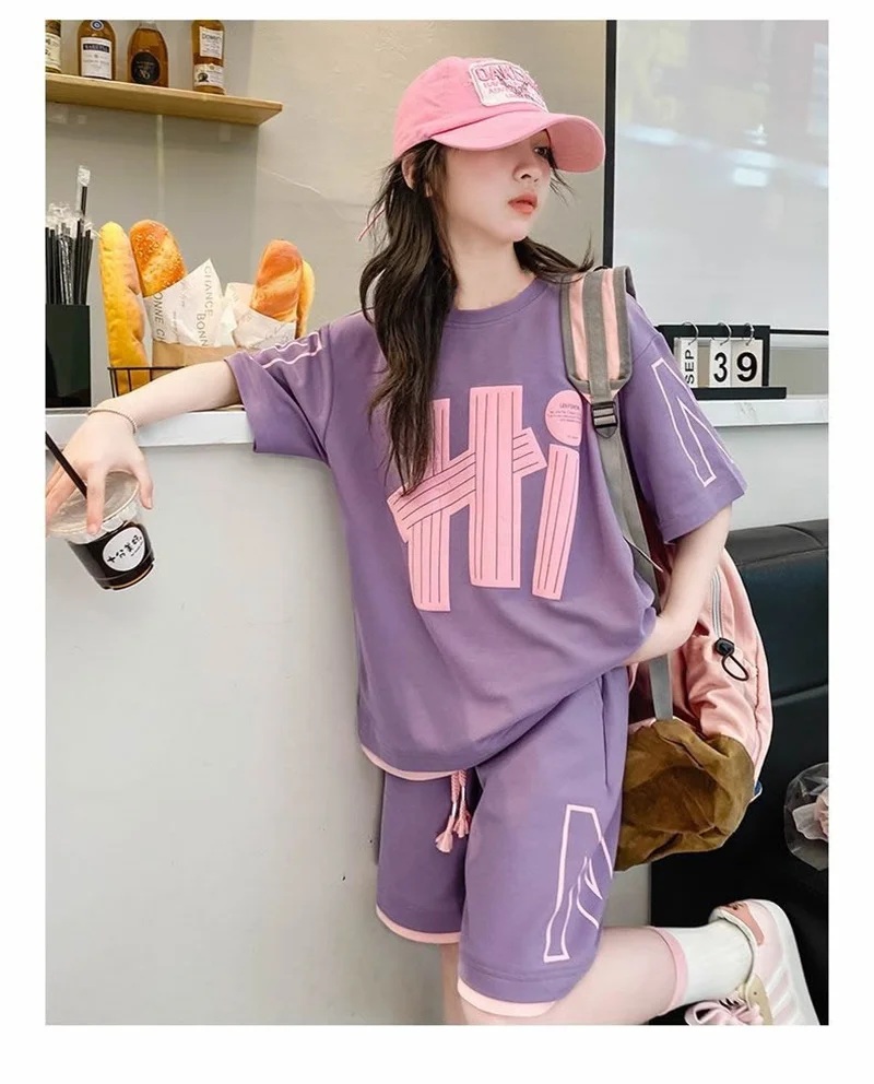 Girls T-Shirts Sets Summer New Kids Short Sleeve Tops+Shorts 2Pcs Children Clothes Teen Loose Casual Suits Letter Print Outfits