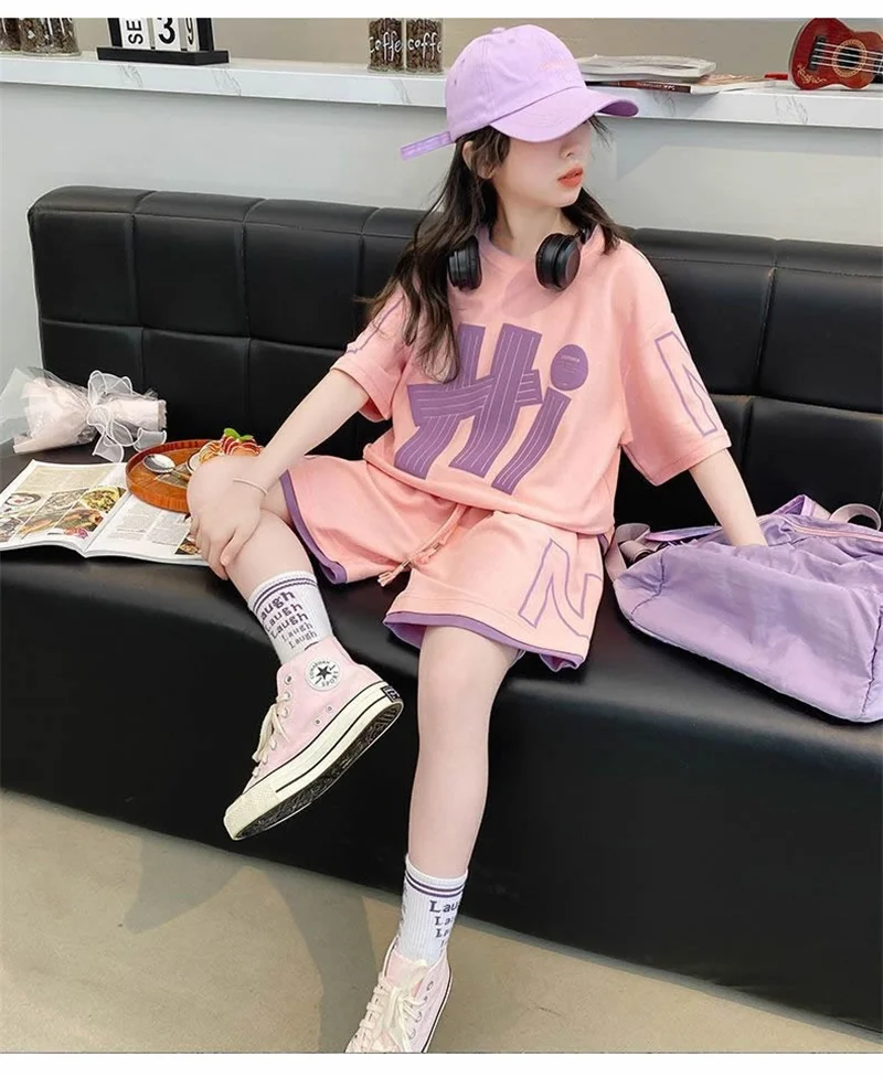 Girls T-Shirts Sets Summer New Kids Short Sleeve Tops+Shorts 2Pcs Children Clothes Teen Loose Casual Suits Letter Print Outfits