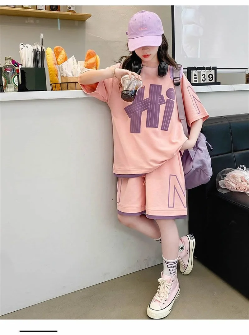 Girls T-Shirts Sets Summer New Kids Short Sleeve Tops+Shorts 2Pcs Children Clothes Teen Loose Casual Suits Letter Print Outfits