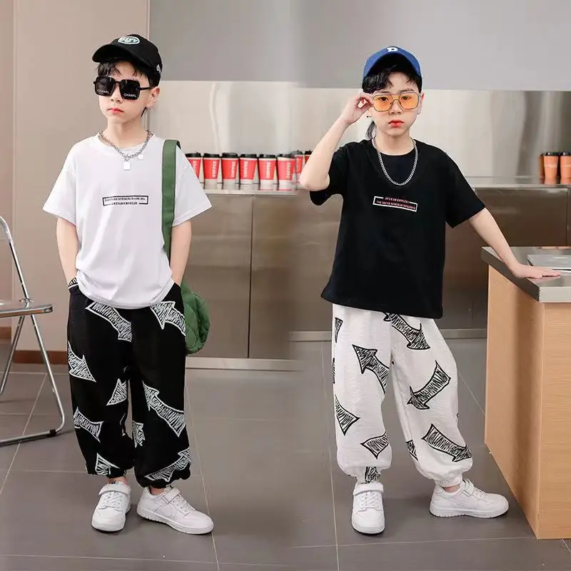 Boys Clothes Sets Summer Short Sleeve T-Shirt + Loose Pants 2PCS Hip Hop Kids Clothing Children Outfits Teenage 8 10 12 14 Years