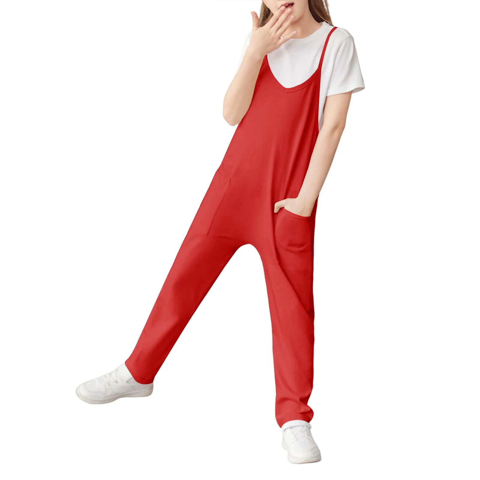 Girls Fashion Casual V Suspenders Jumpsuit Loose Casual with Pockets Jumpsuit Trousers Spring Summer Party Clothing