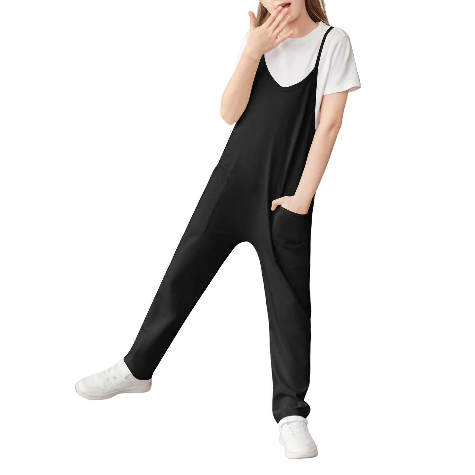 Girls Fashion Casual V Suspenders Jumpsuit Loose Casual with Pockets Jumpsuit Trousers Spring Summer Party Clothing