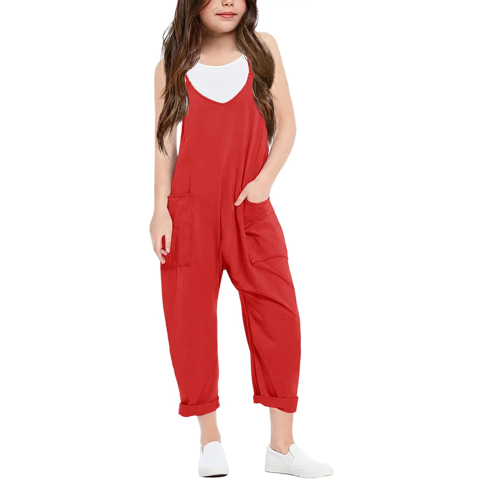 Girls Fashion Casual V Suspenders Jumpsuit Loose Casual with Pockets Jumpsuit Trousers Spring Summer Party Clothing