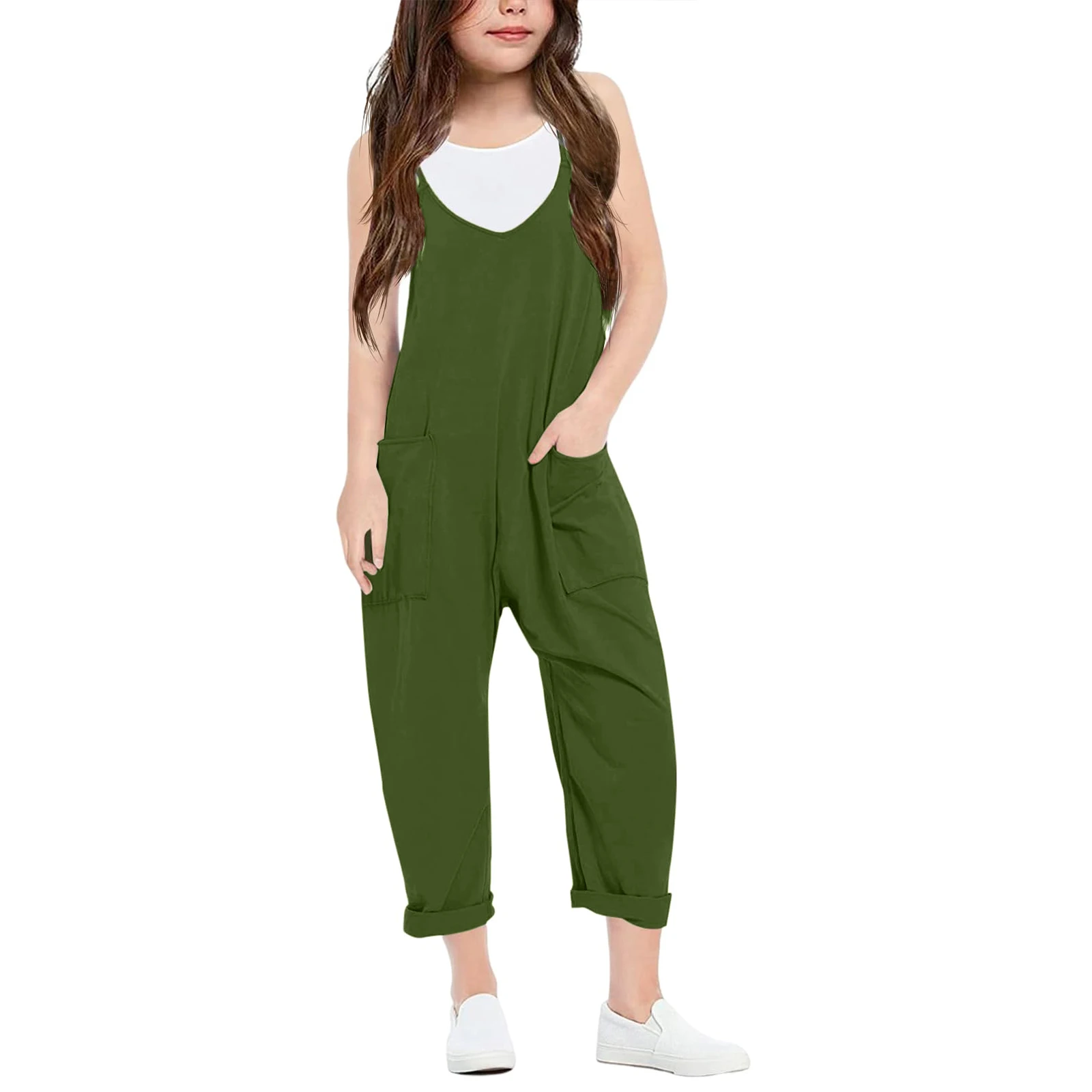 Girls Fashion Casual V Suspenders Jumpsuit Loose Casual with Pockets Jumpsuit Trousers Spring Summer Party Clothing