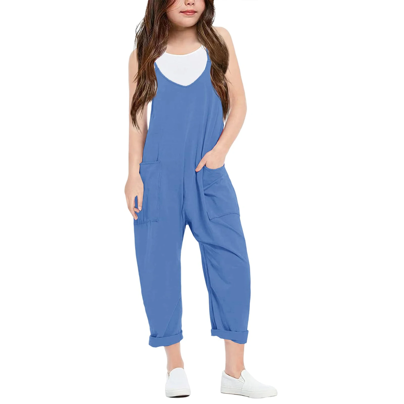 Girls Fashion Casual V Suspenders Jumpsuit Loose Casual with Pockets Jumpsuit Trousers Spring Summer Party Clothing