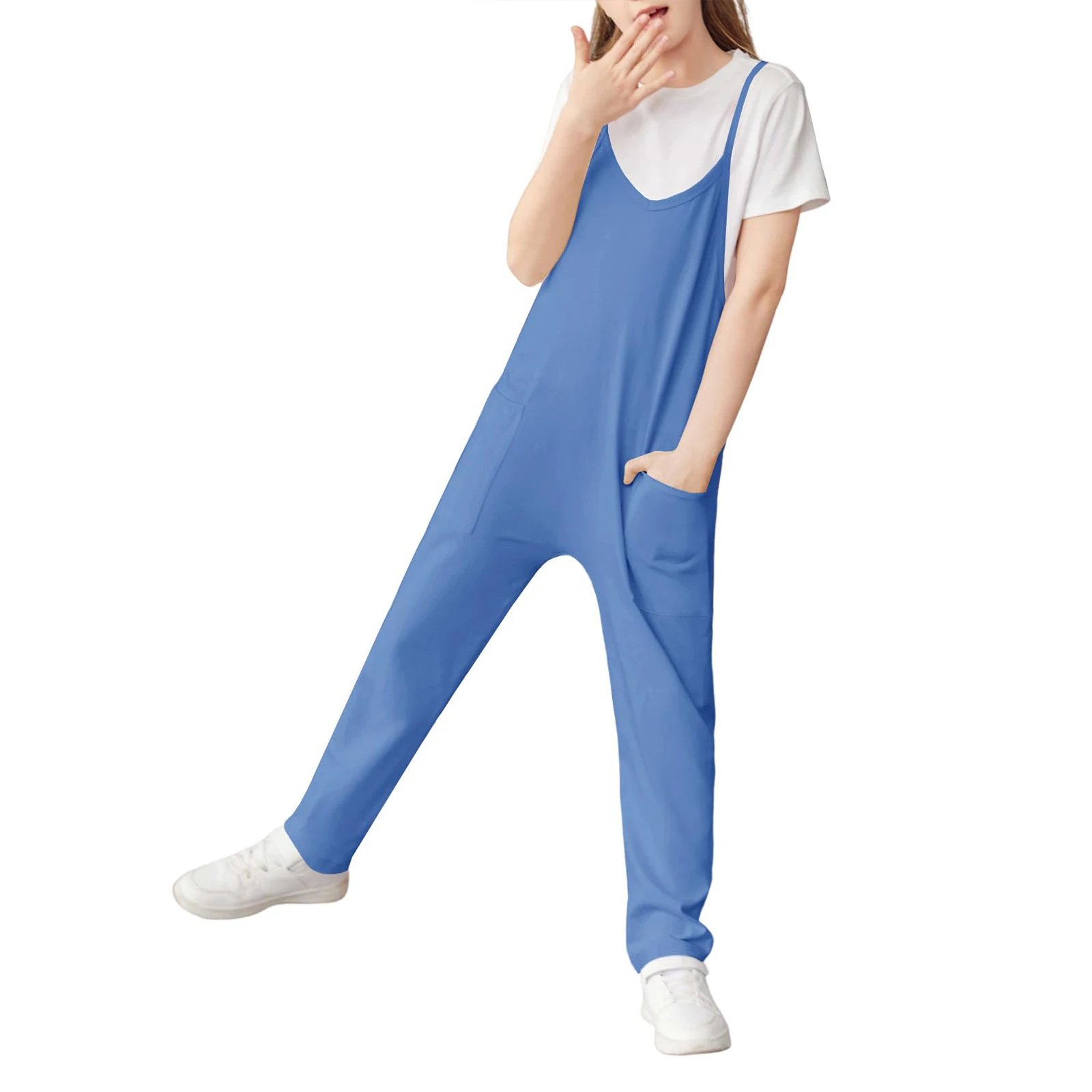 Girls Fashion Casual V Suspenders Jumpsuit Loose Casual with Pockets Jumpsuit Trousers Spring Summer Party Clothing